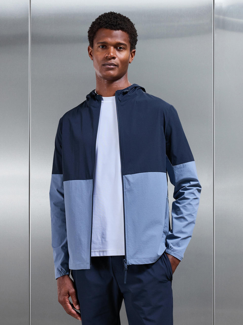 Active Technical Colour Block Windbreaker in Navy Light Blue