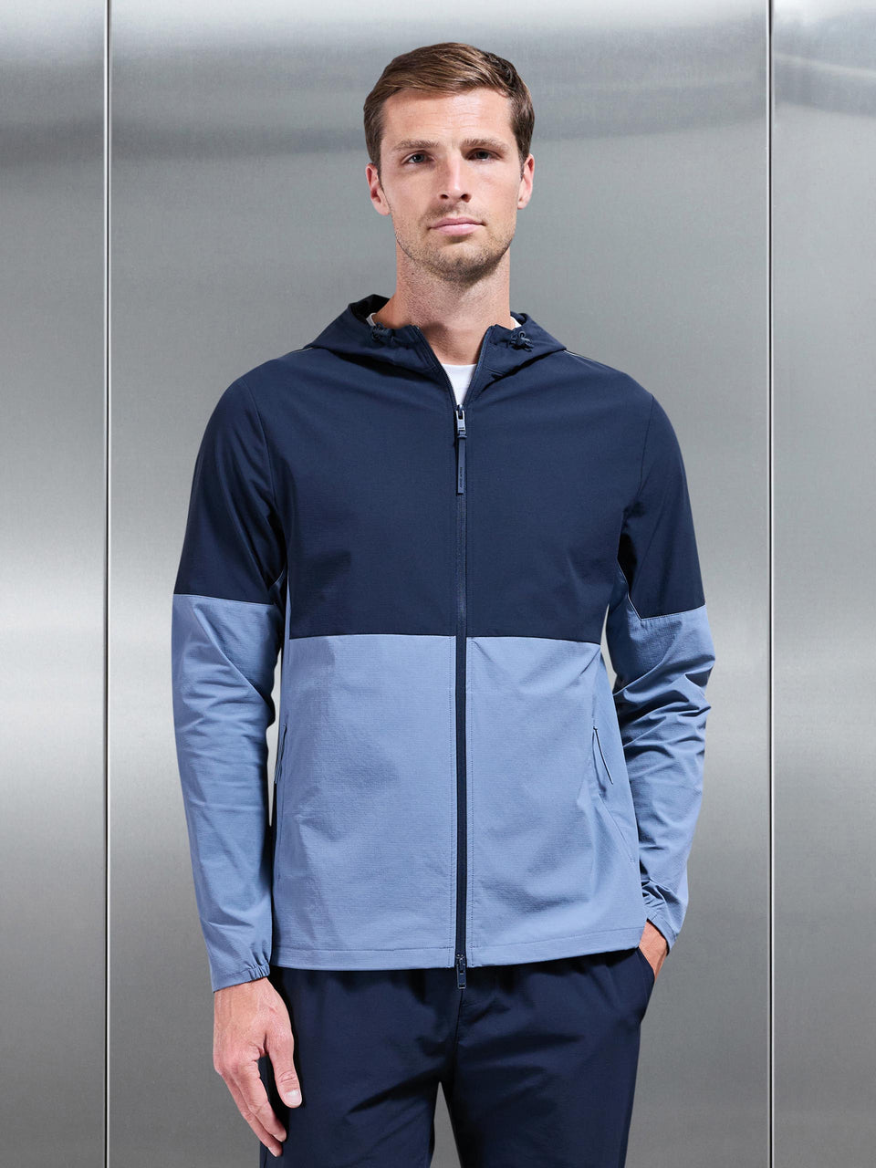 Active Technical Colour Block Windbreaker in Navy Light Blue