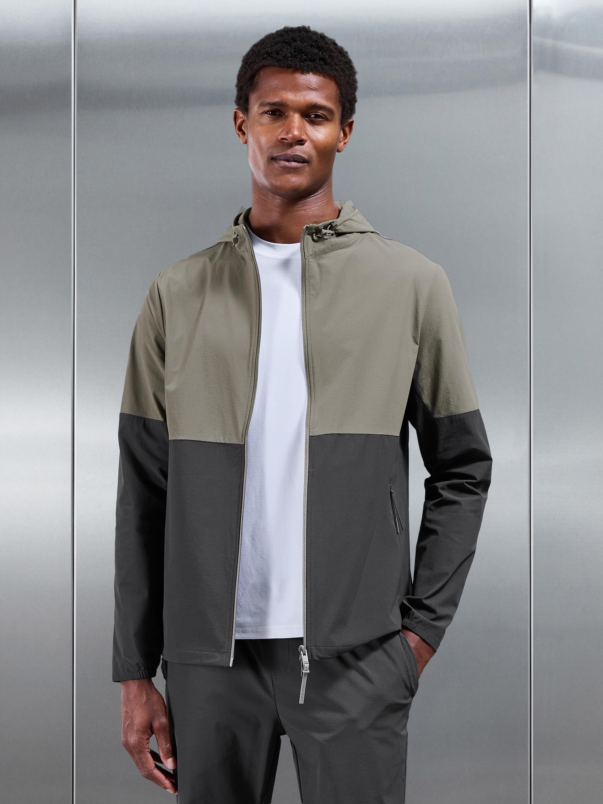 Active Technical Colour Block Windbreaker in Olive Grey