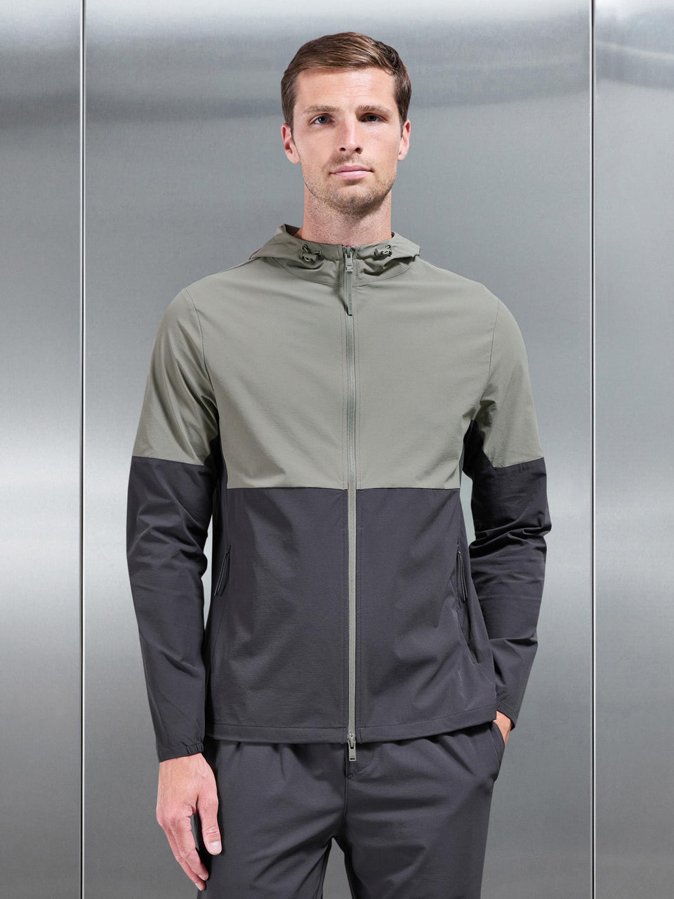 Active Technical Colour Block Windbreaker in Olive Grey