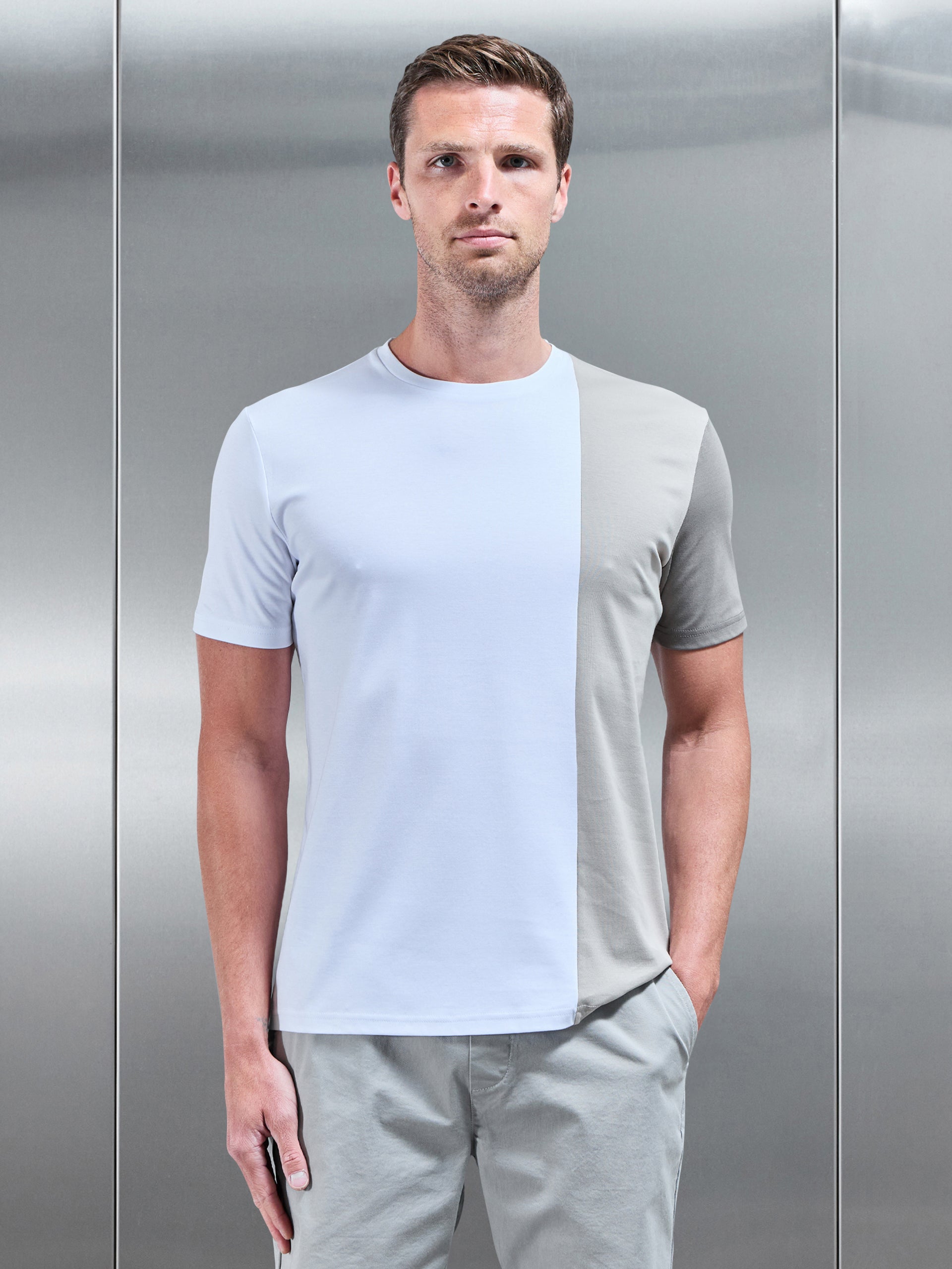 Albi Mercerised Cotton Colour Block T-Shirt in Stone
