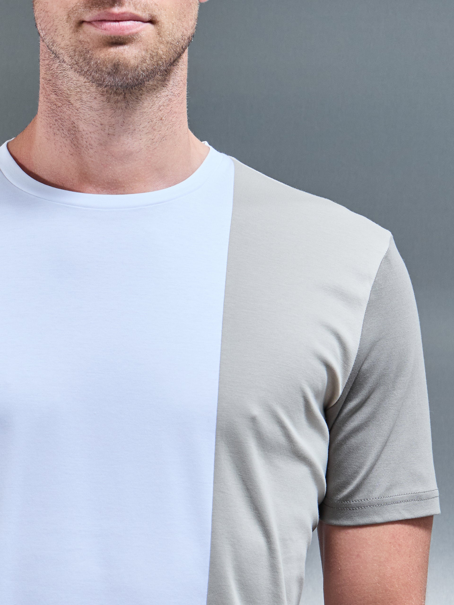 Albi Mercerised Cotton Colour Block T-Shirt in Stone
