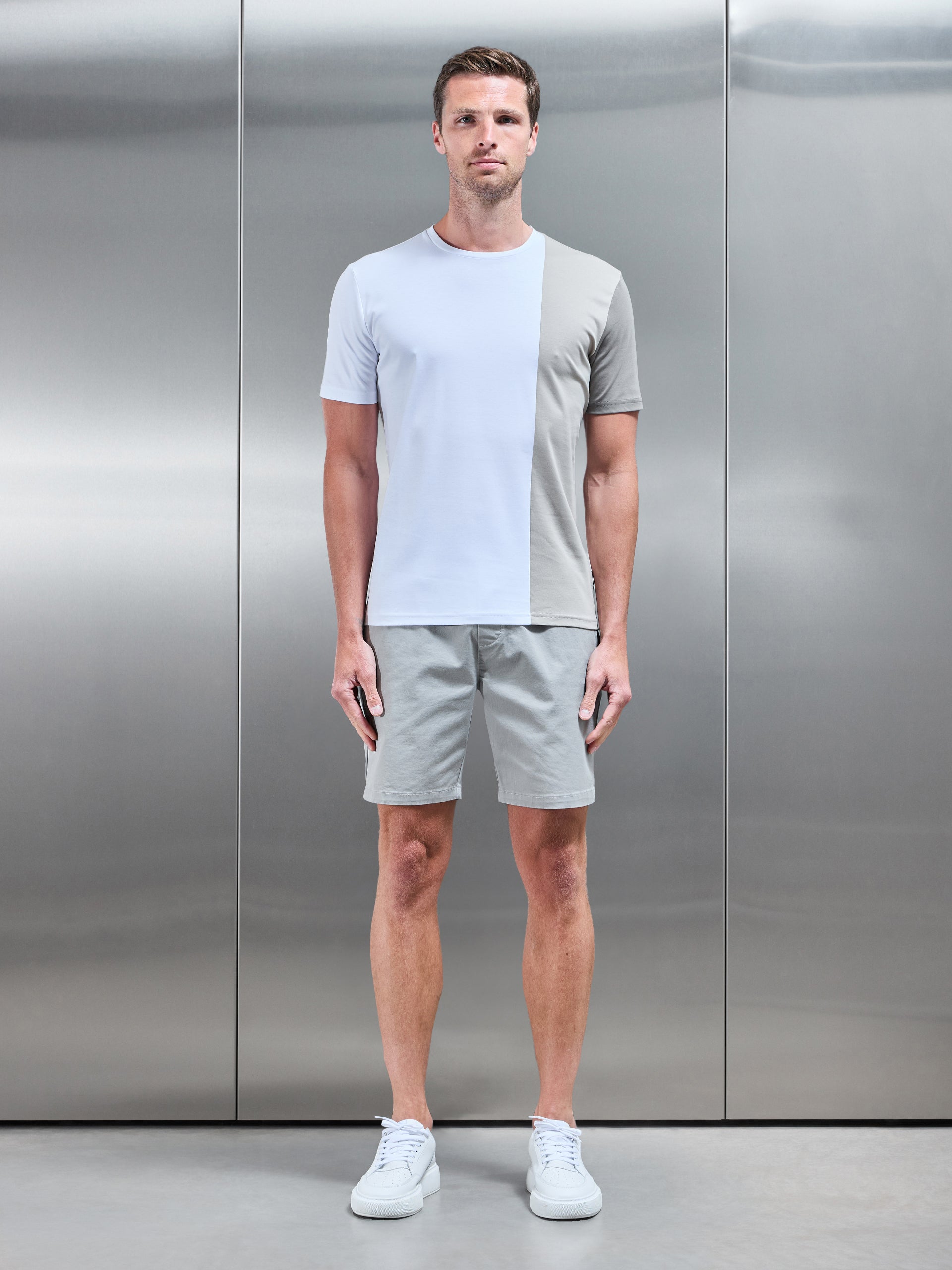 Albi Mercerised Cotton Colour Block T-Shirt in Stone