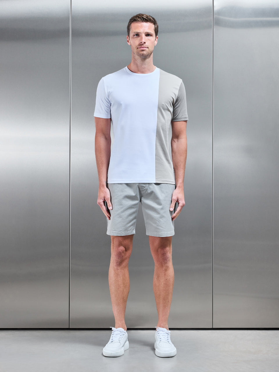 Albi Mercerised Cotton Colour Block T-Shirt in Stone