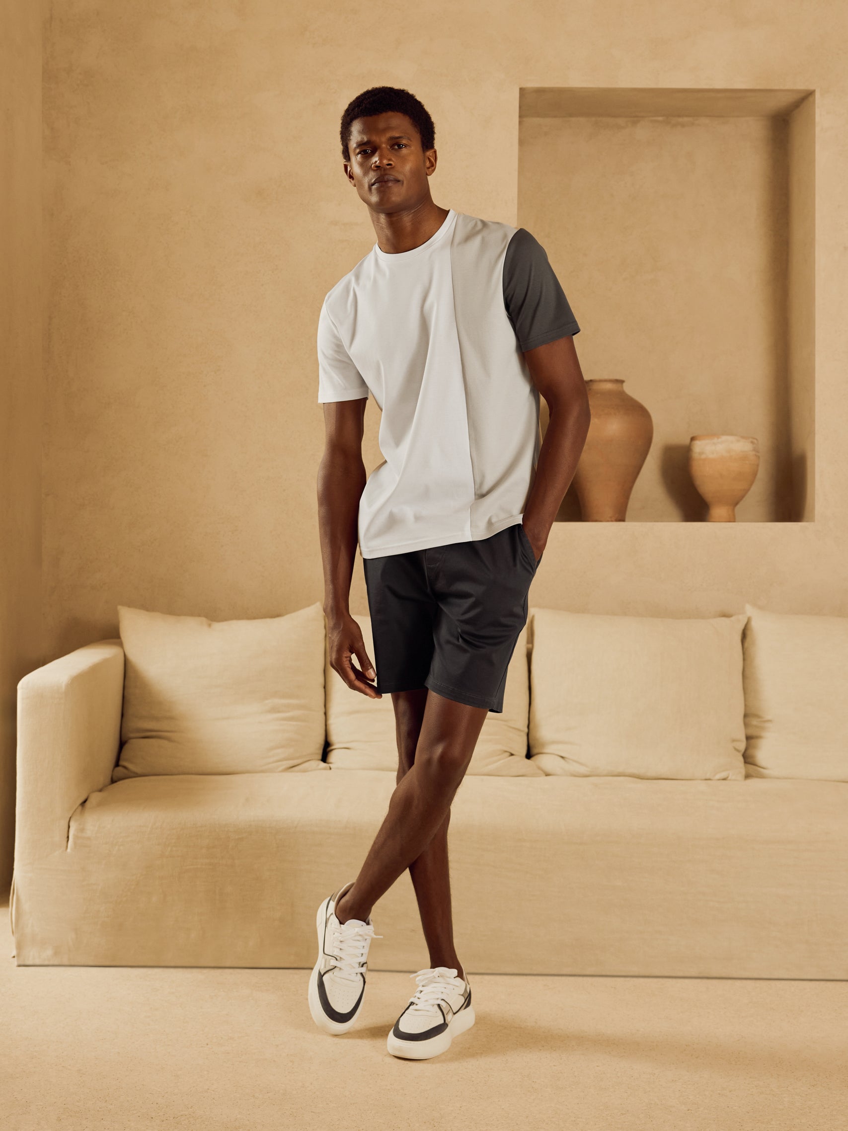Albi Mercerised Cotton Colour Block T-Shirt in Mid Grey