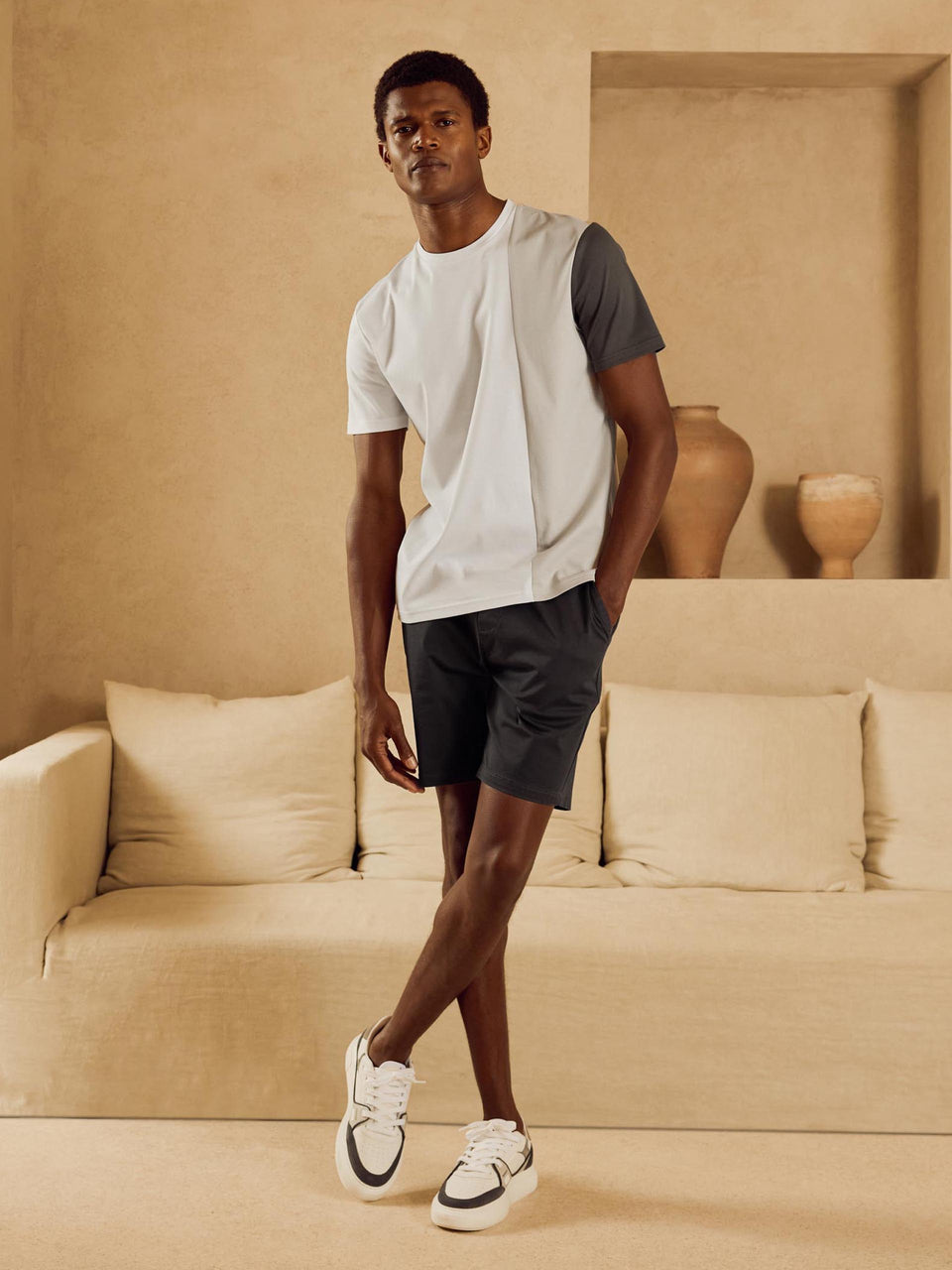 Albi Mercerised Cotton Colour Block T-Shirt in Mid Grey