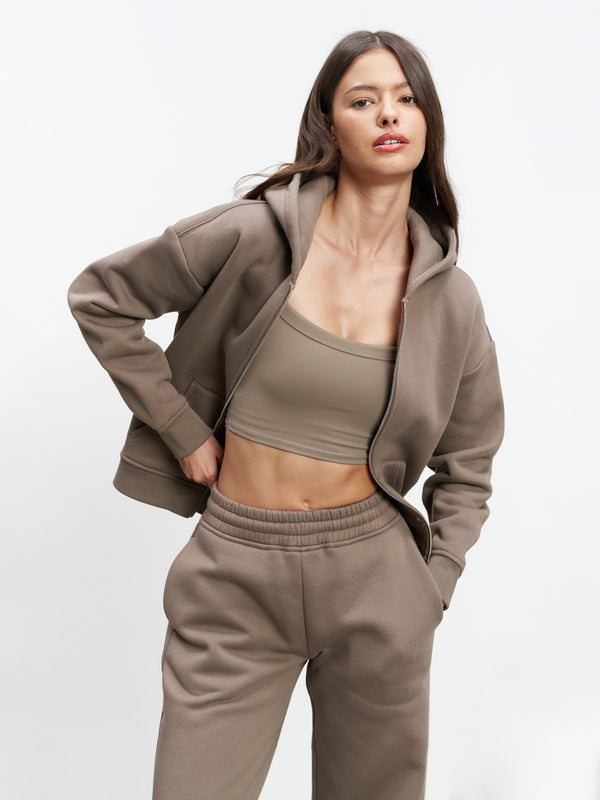 Womens Relaxed Zip Hoodie in Taupe