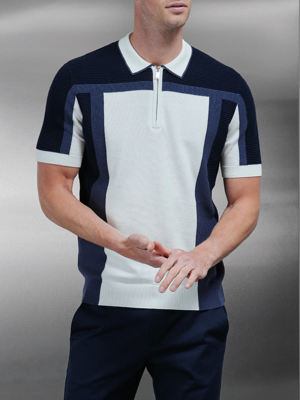 Panel Colour Block Knitted Zip Polo Shirt in Navy