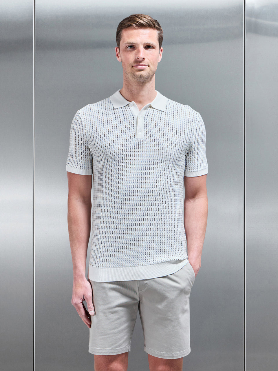 Aspley Knitted Button Polo Shirt in Stone