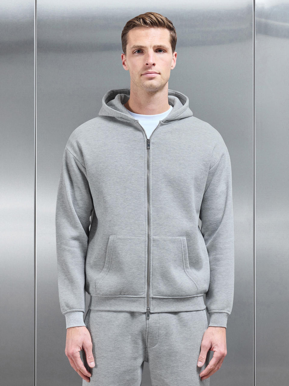 Essential Relaxed Fit Zip Through Hoodie in Marl Grey