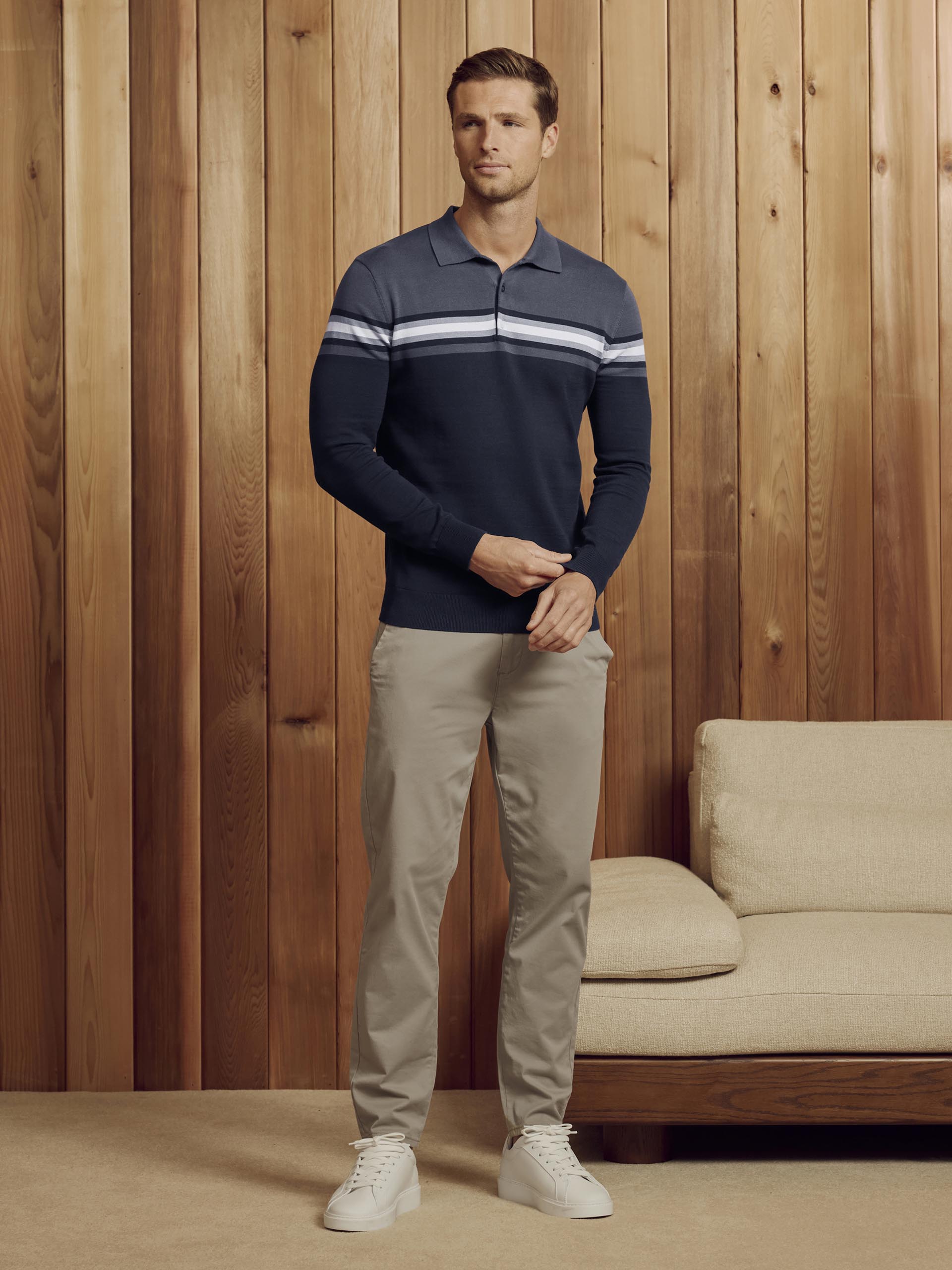 Cotton Knitted Colour Block Button Polo Shirt in Navy