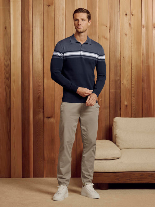 Cotton Knitted Colour Block Button Polo Shirt in Navy