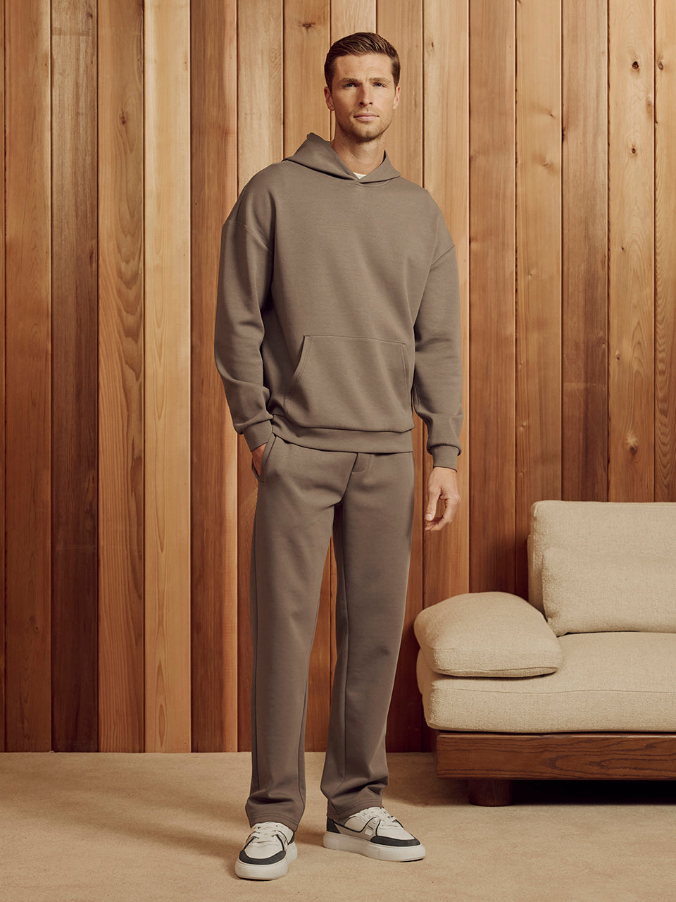 Interlock Jersey Relaxed Fit Hoodie in Taupe