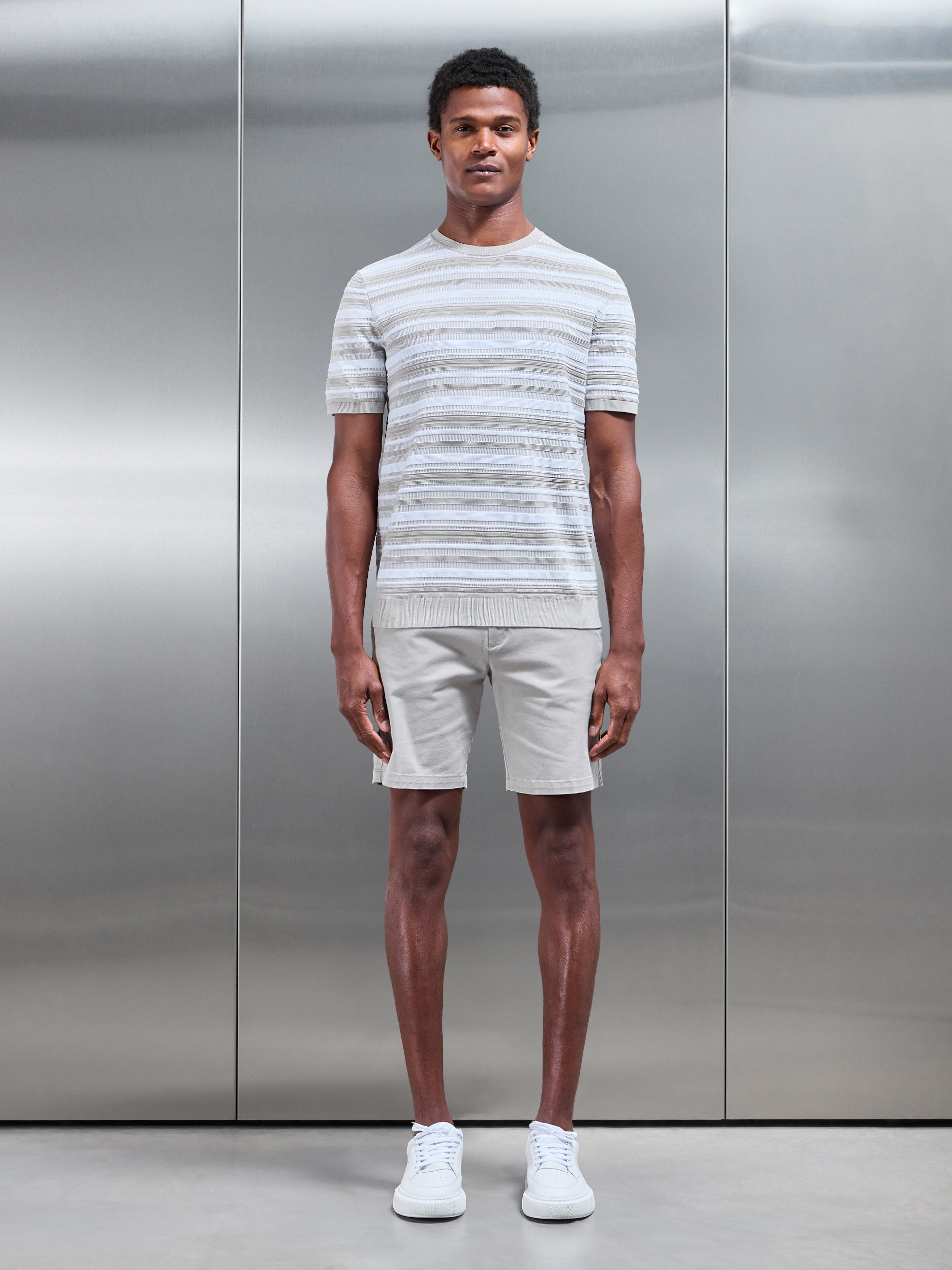 Bellano Knitted Textured Stripe T-Shirt in Stone