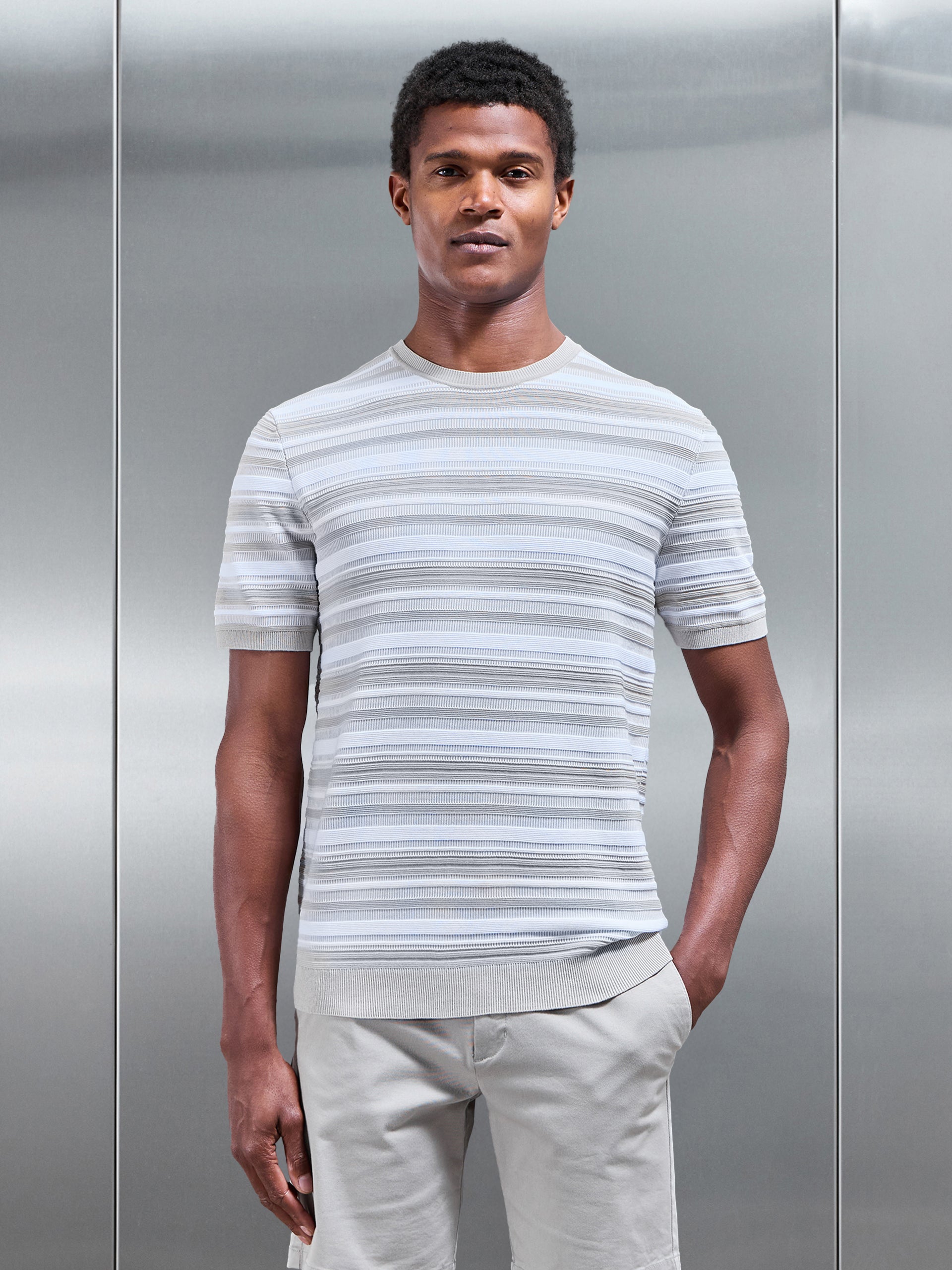 Bellano Knitted Textured Stripe T-Shirt in Stone