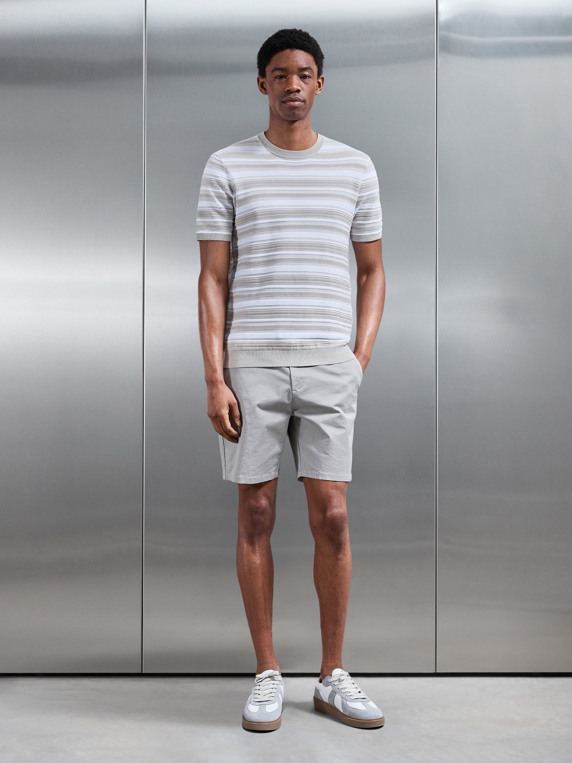 Bellano Knitted Textured Stripe T-Shirt in Stone
