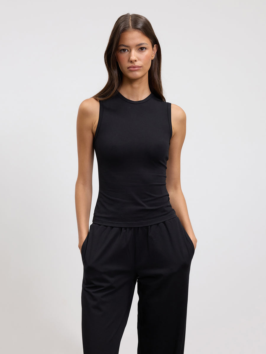 Womens Cotton Modal Round Neck Vest in Black