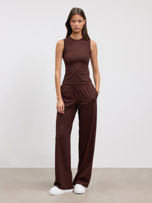 Womens Cotton Modal Wide Leg Pull On Trouser in Brown