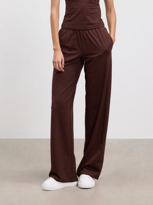 Womens Cotton Modal Wide Leg Pull On Trouser in Brown