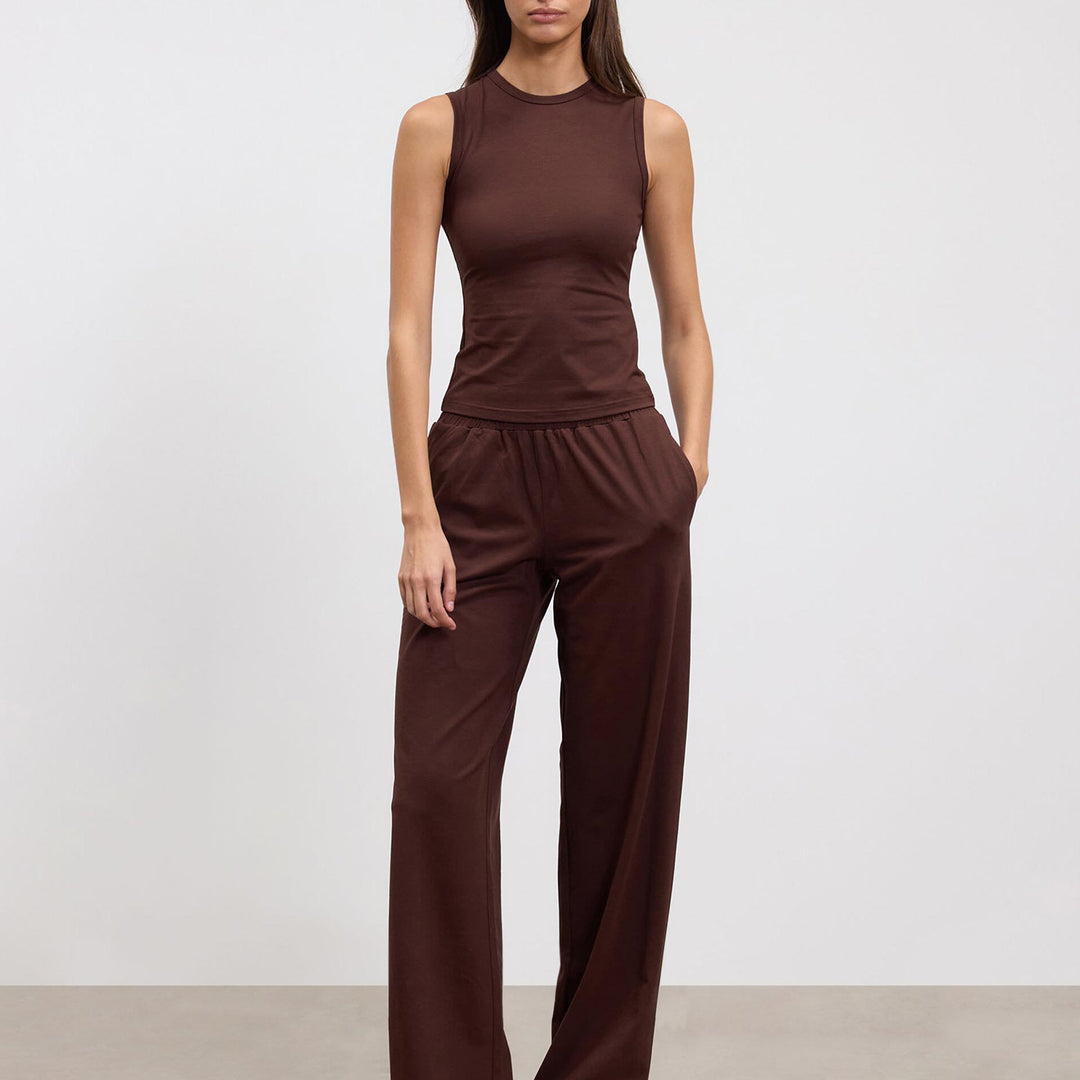 Womens Cotton Modal Wide Leg Pull On Trouser in Brown