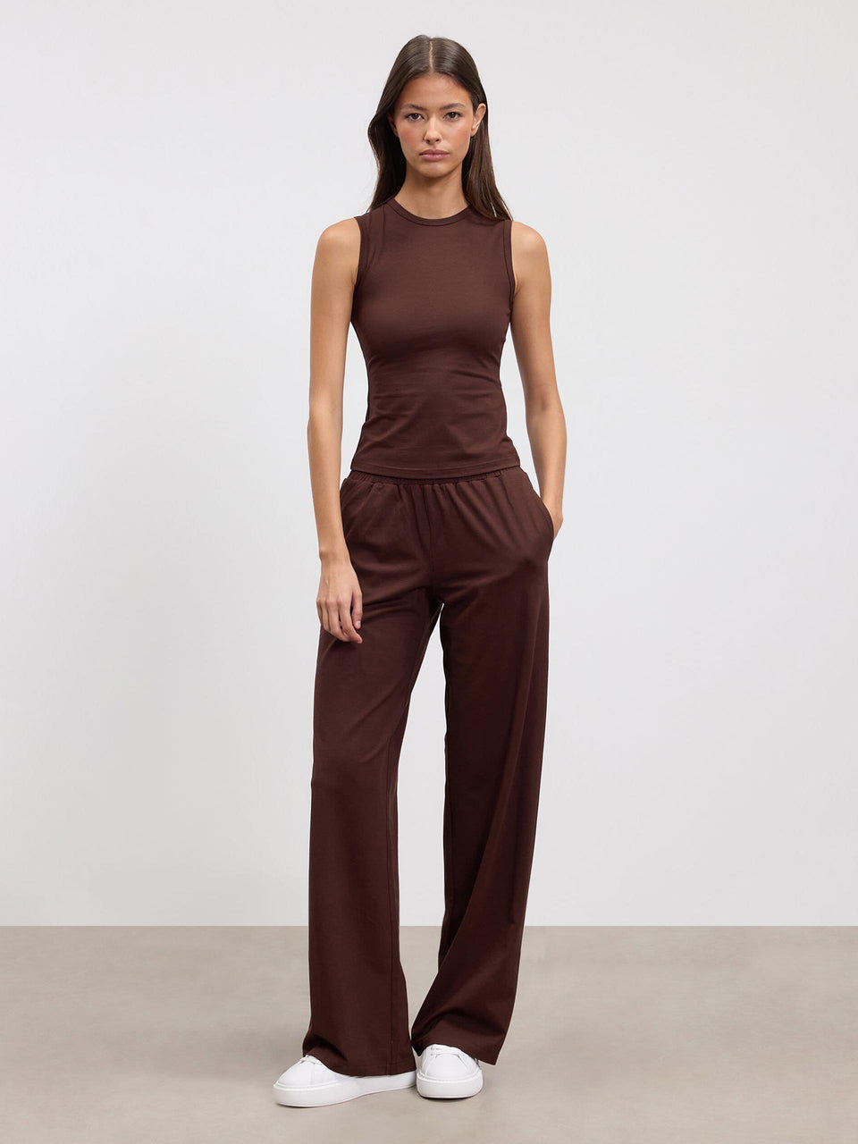 Womens Cotton Modal Wide Leg Pull On Trouser in Brown