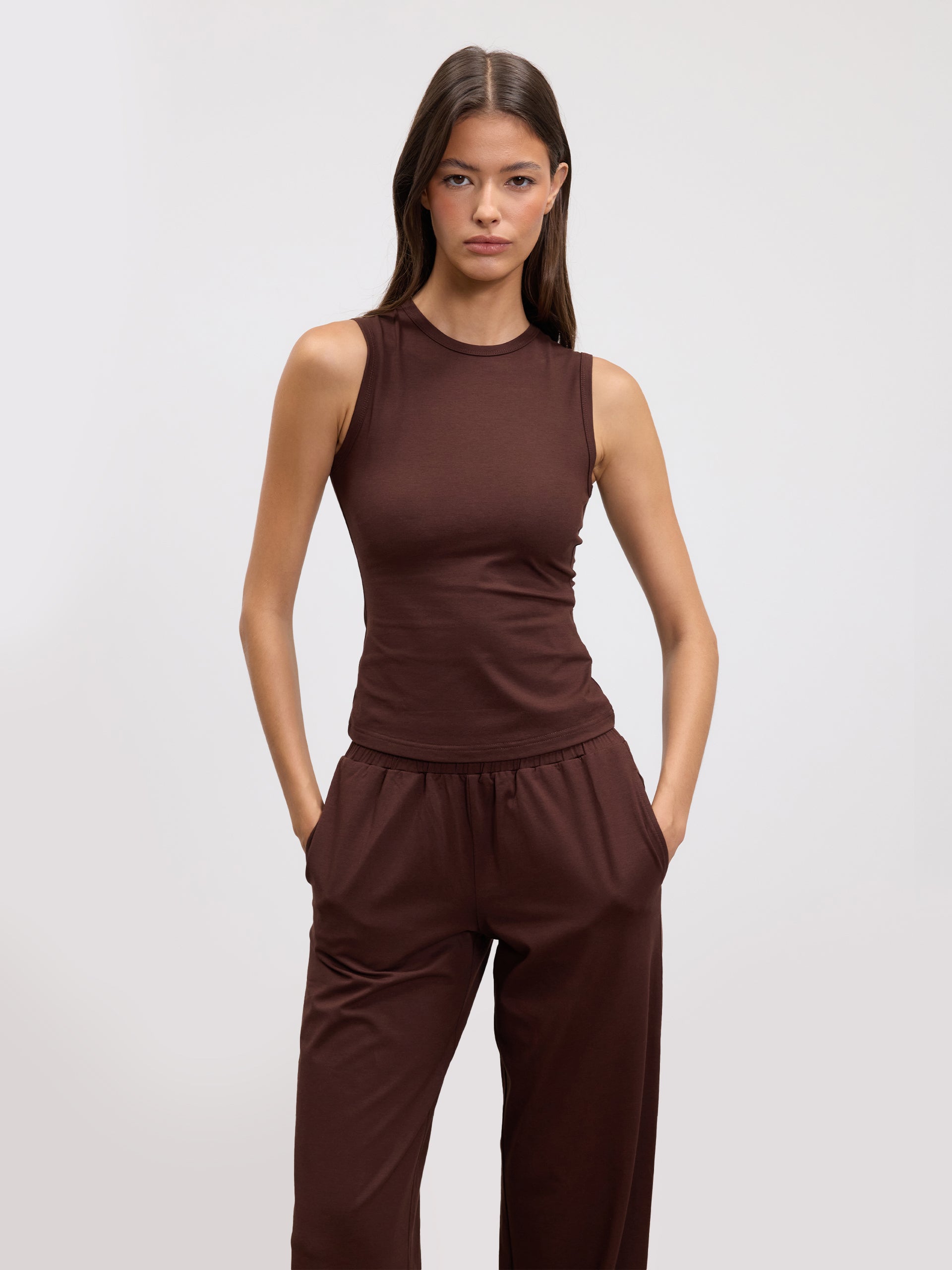 Womens Cotton Modal Round Neck Vest in Brown