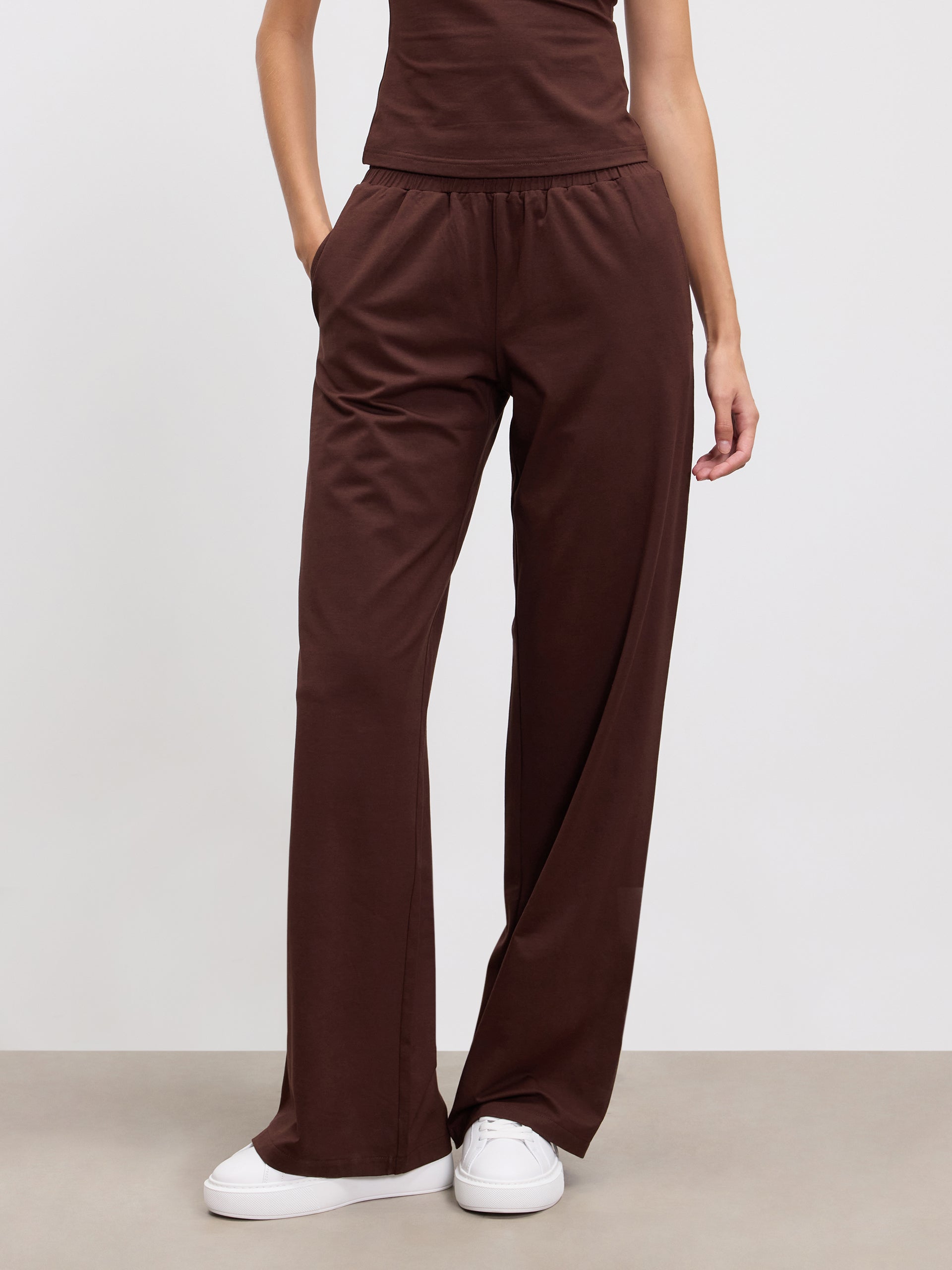 Womens Cotton Modal Wide Leg Pull On Trouser in Brown