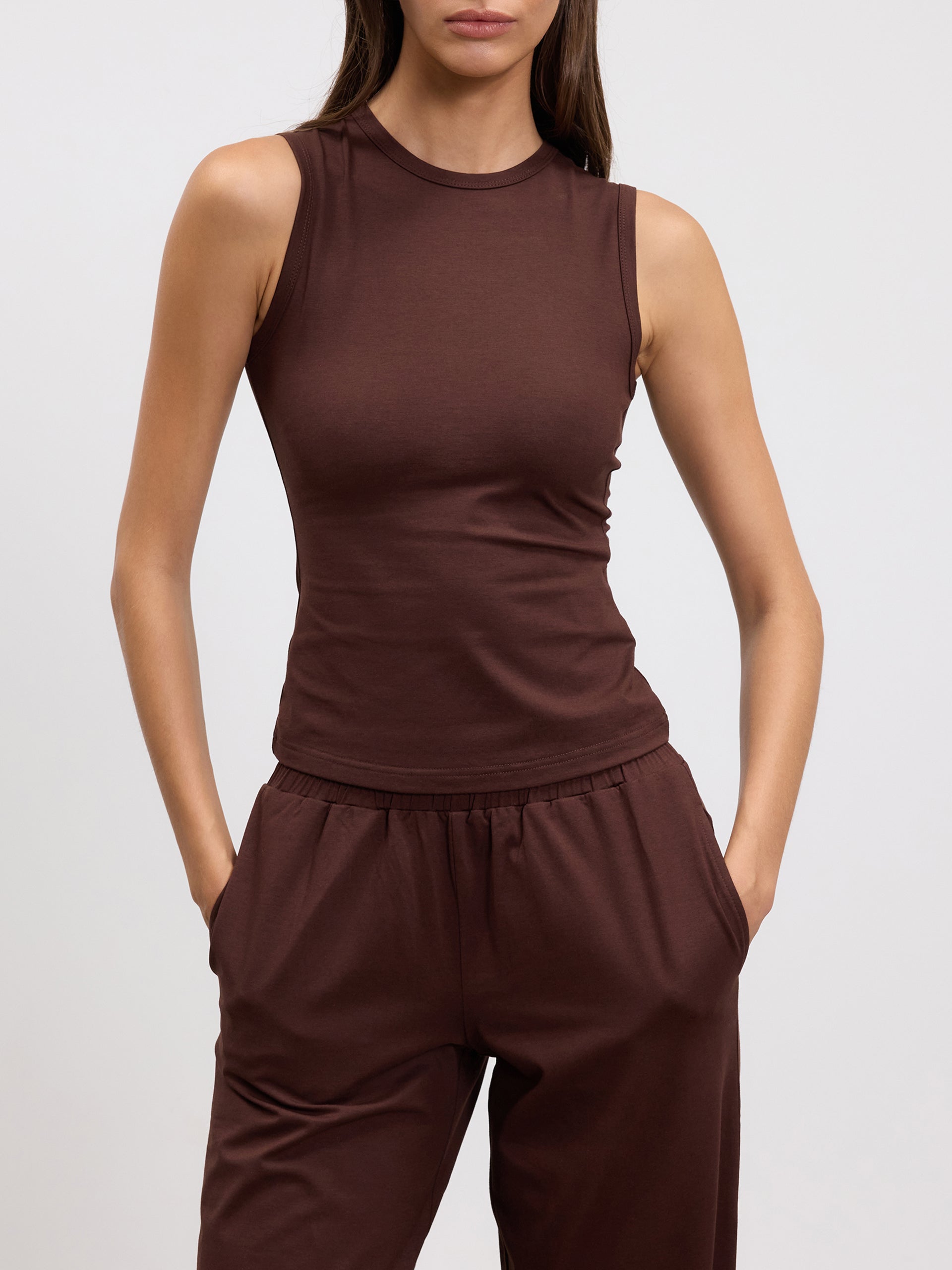 Womens Cotton Modal Round Neck Vest in Brown