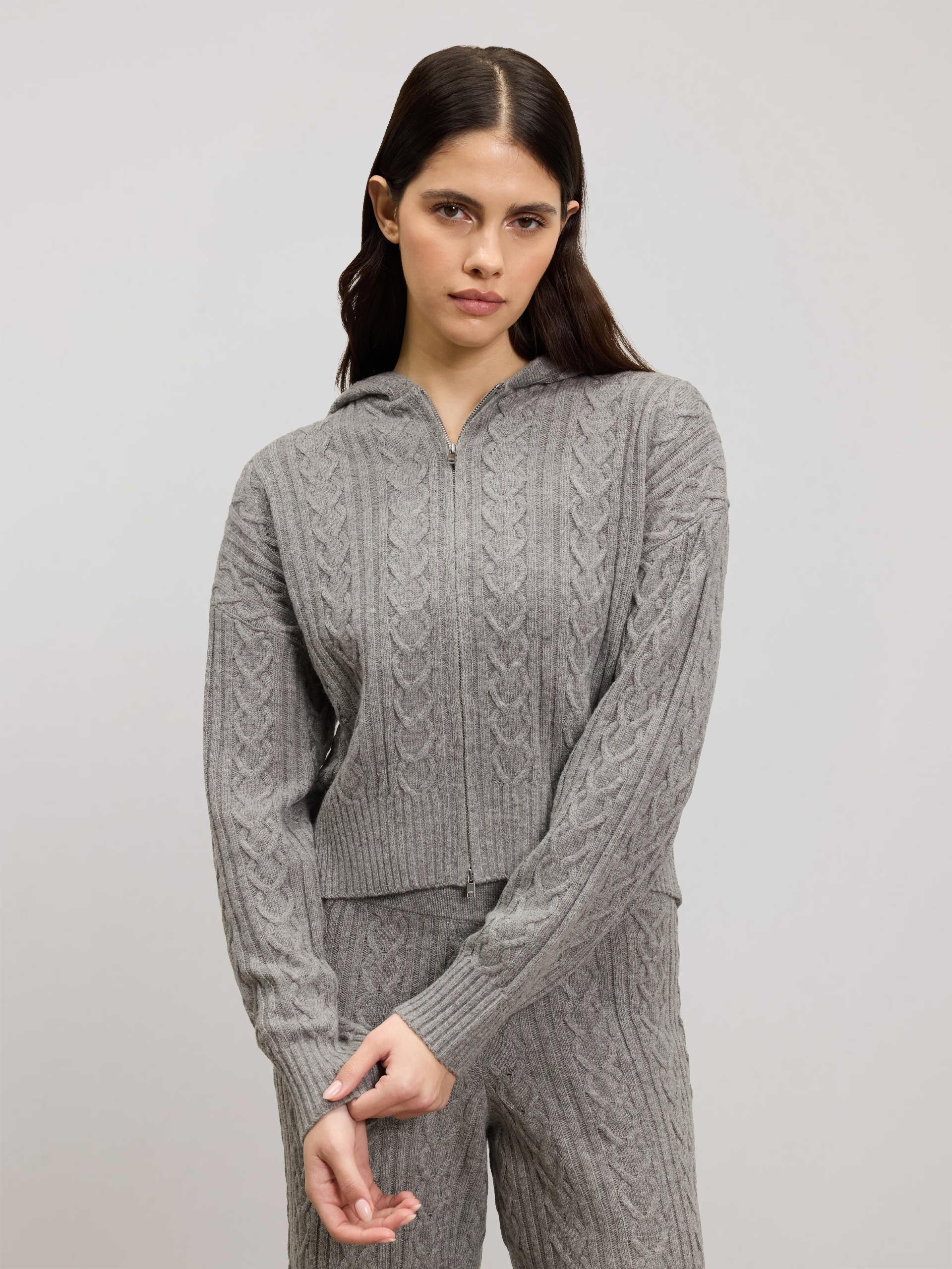 Womens Cable Knit Zip Hoodie in Charcoal Marl