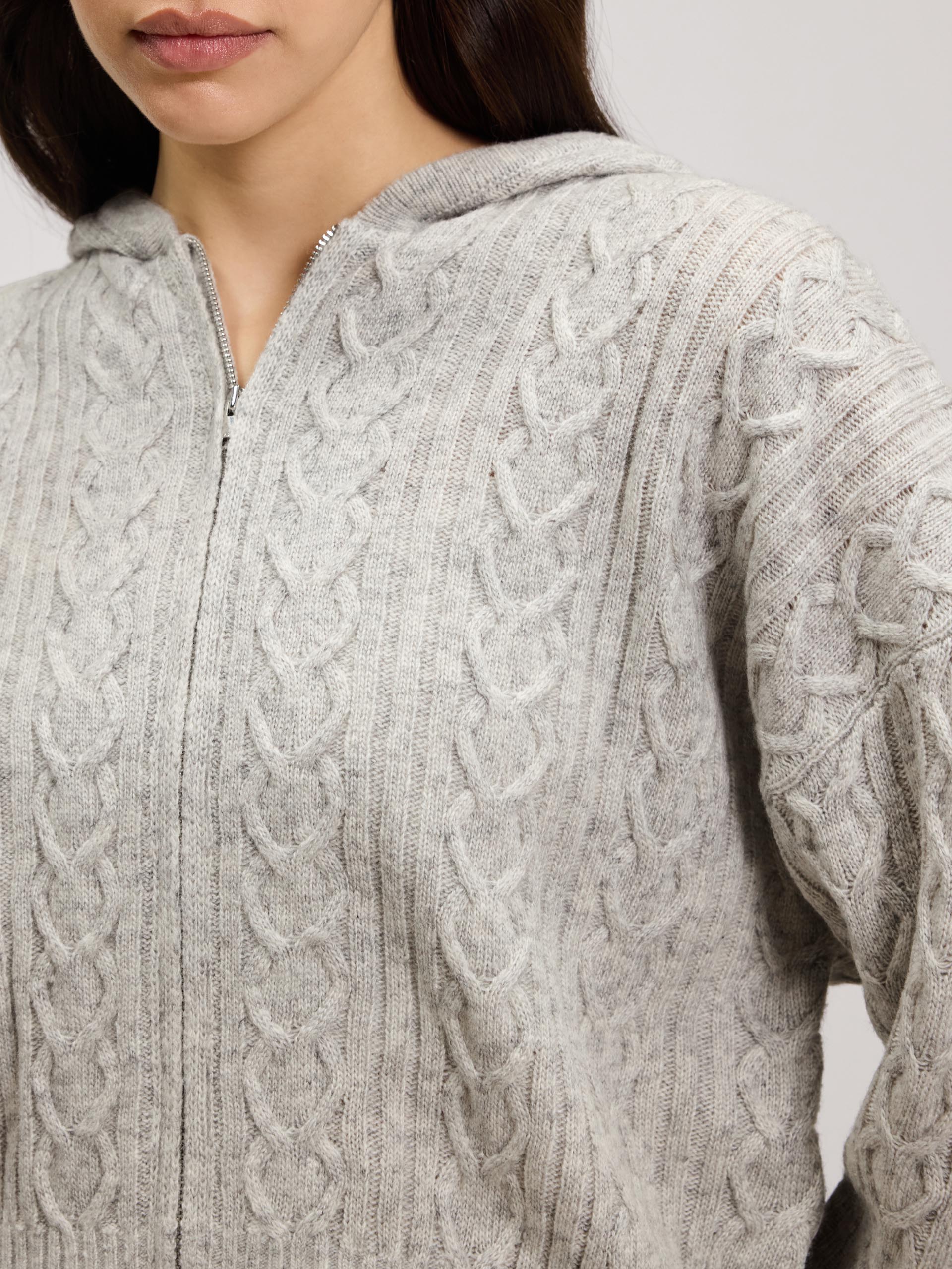 Womens Cable Knit Zip Hoodie in Grey Marl