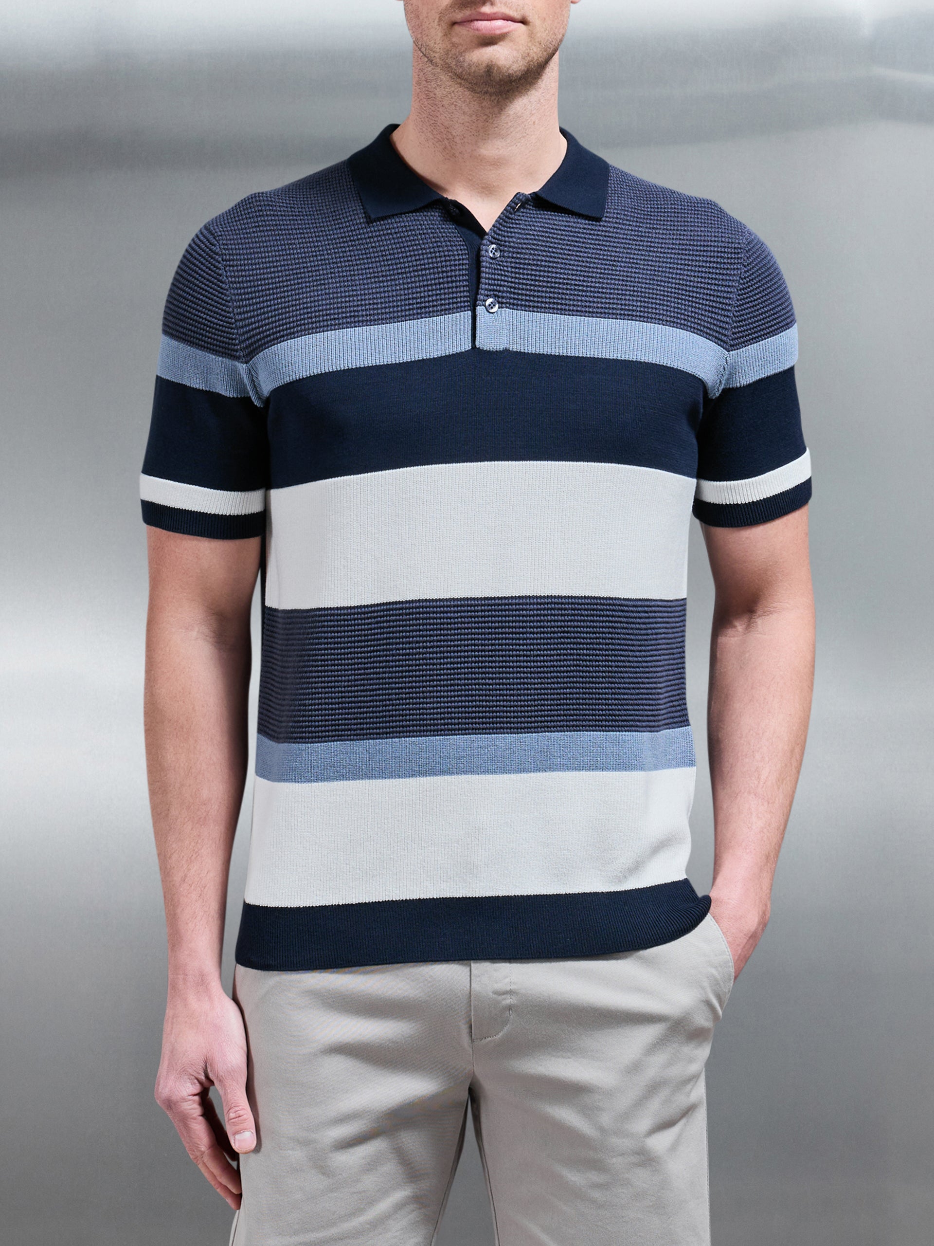 Calle Colour Block Knitted Polo Shirt in Navy