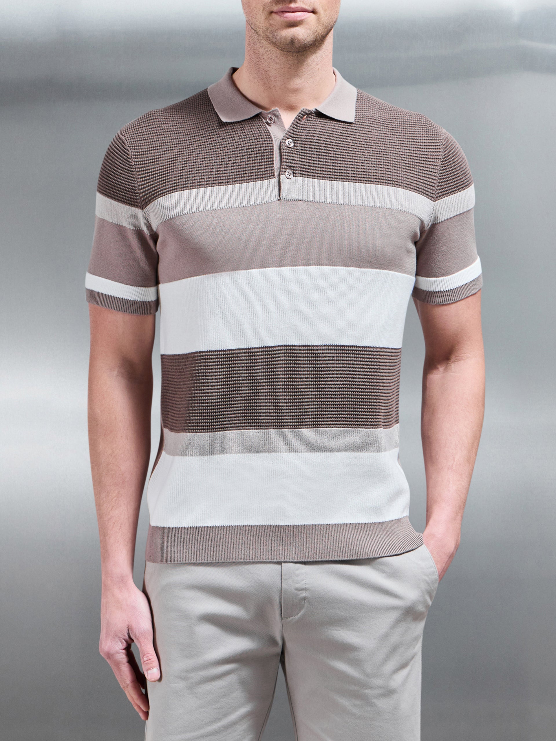 Calle Colour Block Knitted Polo Shirt in Stone