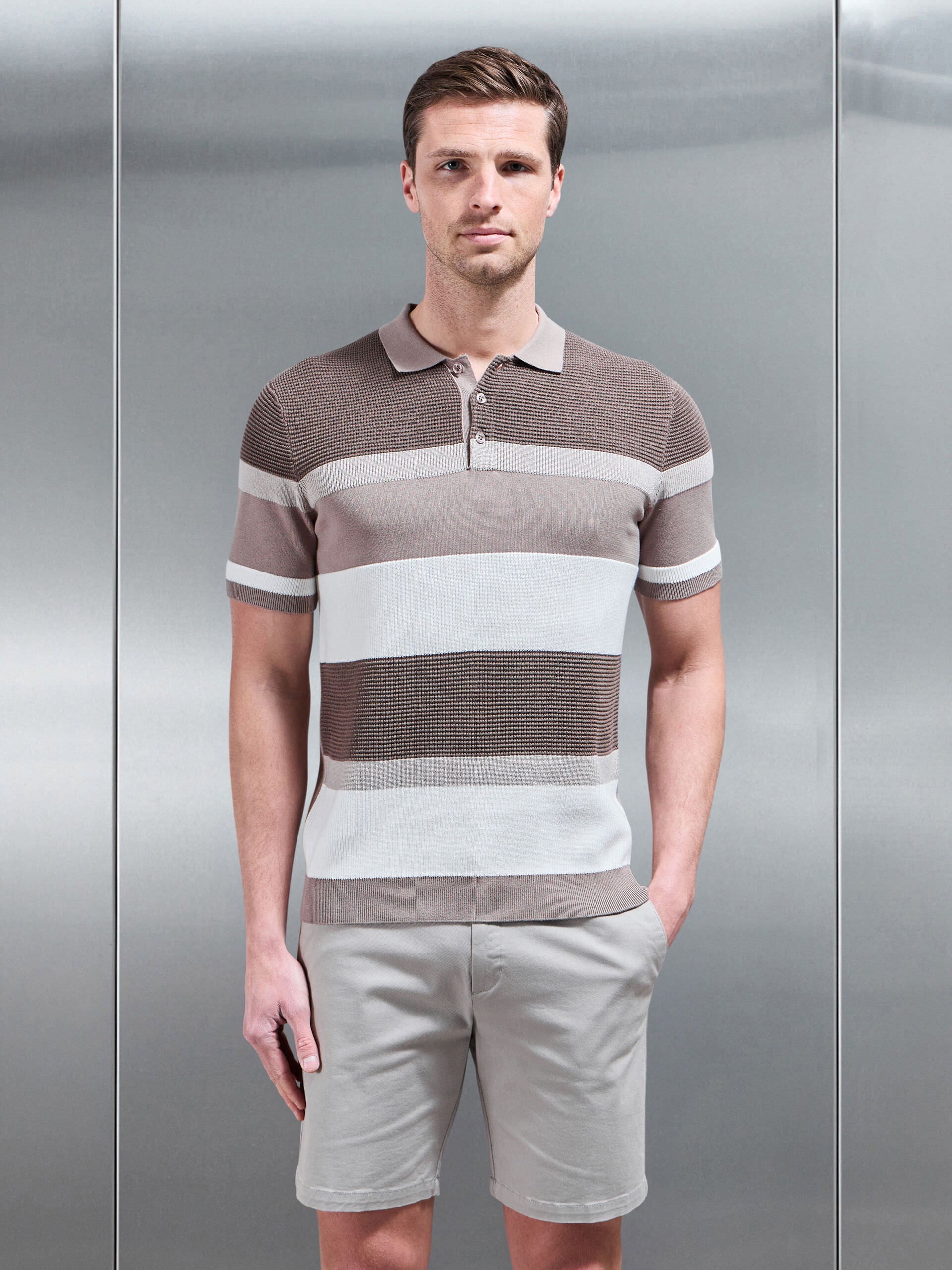 Calle Colour Block Knitted Polo Shirt in Stone
