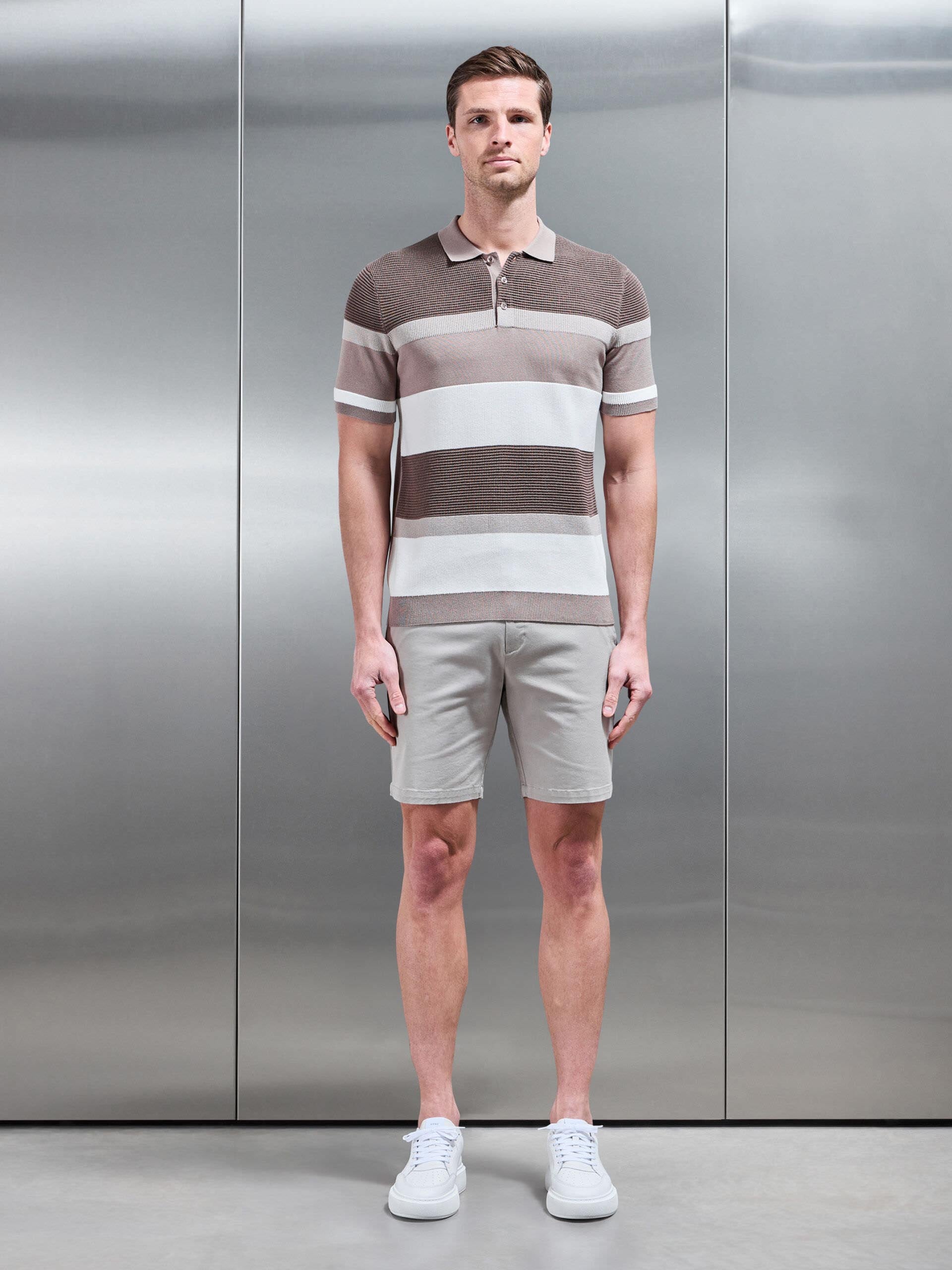 Calle Colour Block Knitted Polo Shirt in Stone