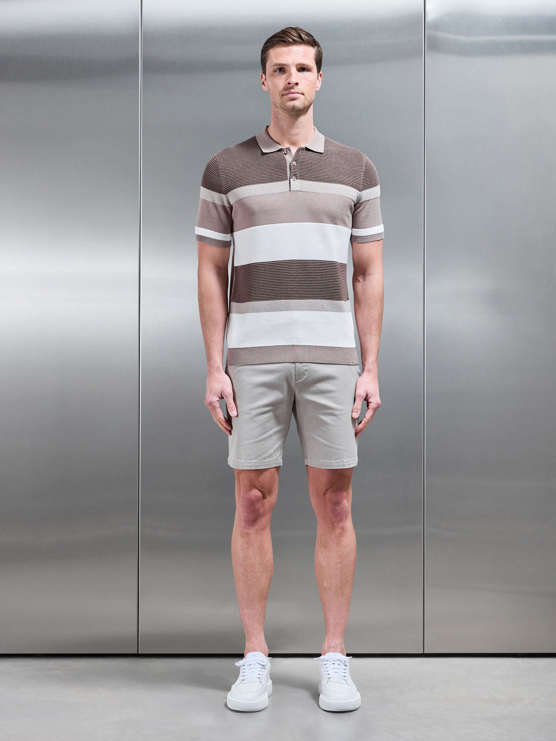 Calle Colour Block Knitted Polo Shirt in Stone