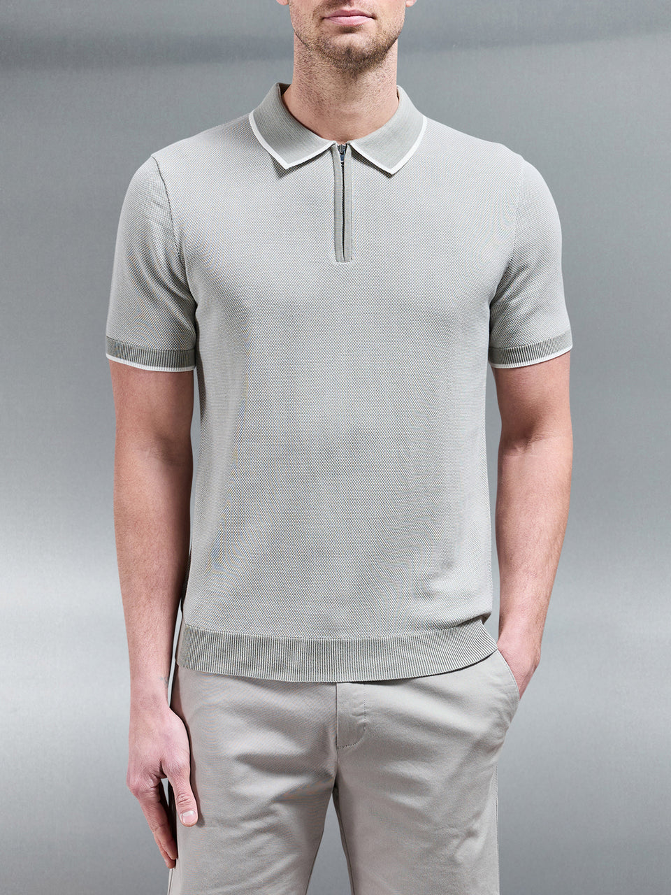 Capri Textured Knitted Zip Polo Shirt in Sage