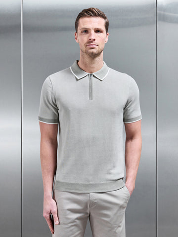 Capri Textured Knitted Zip Polo Shirt in Sage