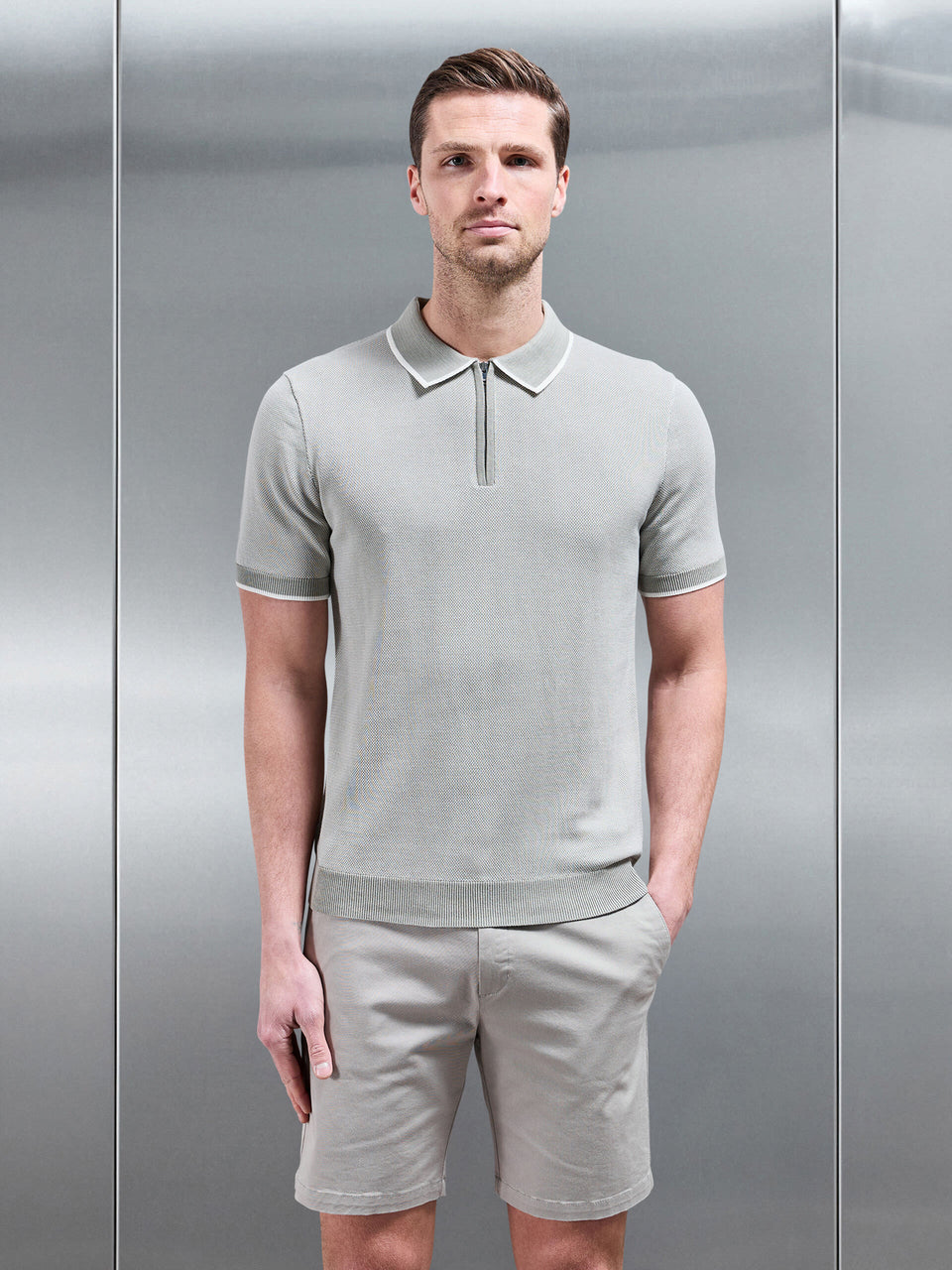 Capri Textured Knitted Zip Polo Shirt in Sage
