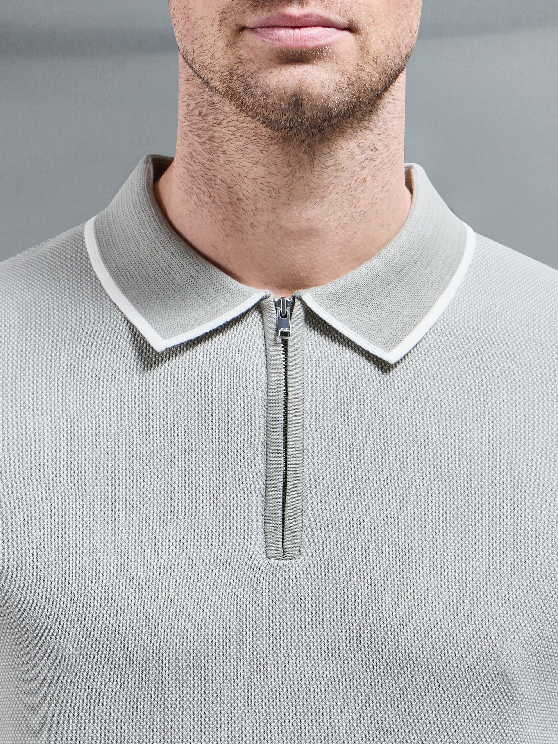 Capri Textured Knitted Zip Polo Shirt in Sage