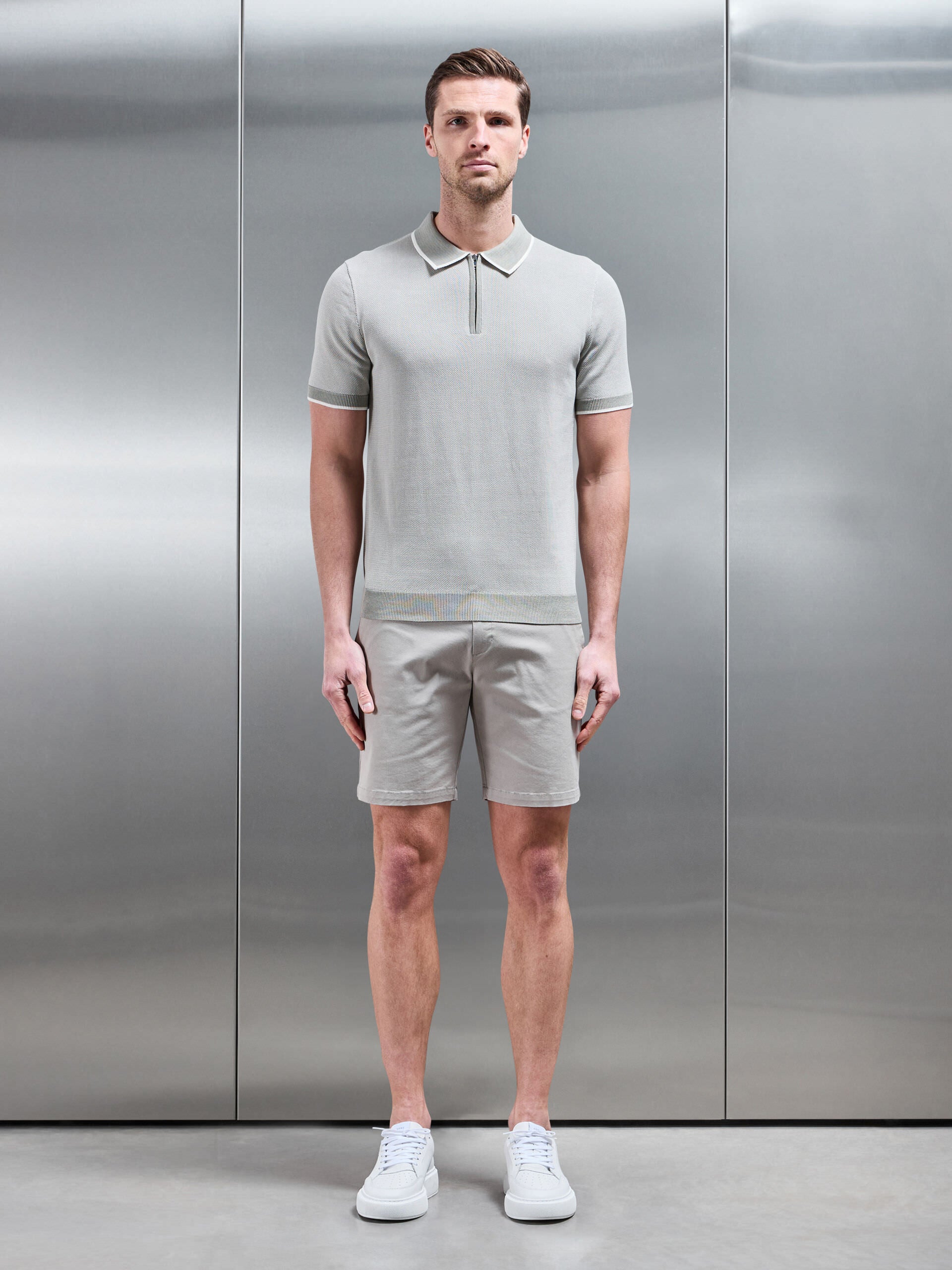 Capri Textured Knitted Zip Polo Shirt in Sage