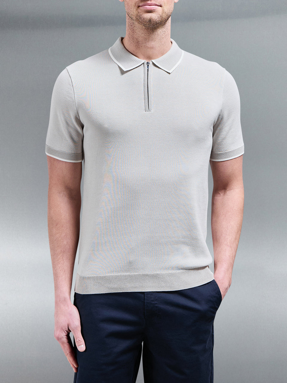 Capri Textured Knitted Zip Polo Shirt in Stone