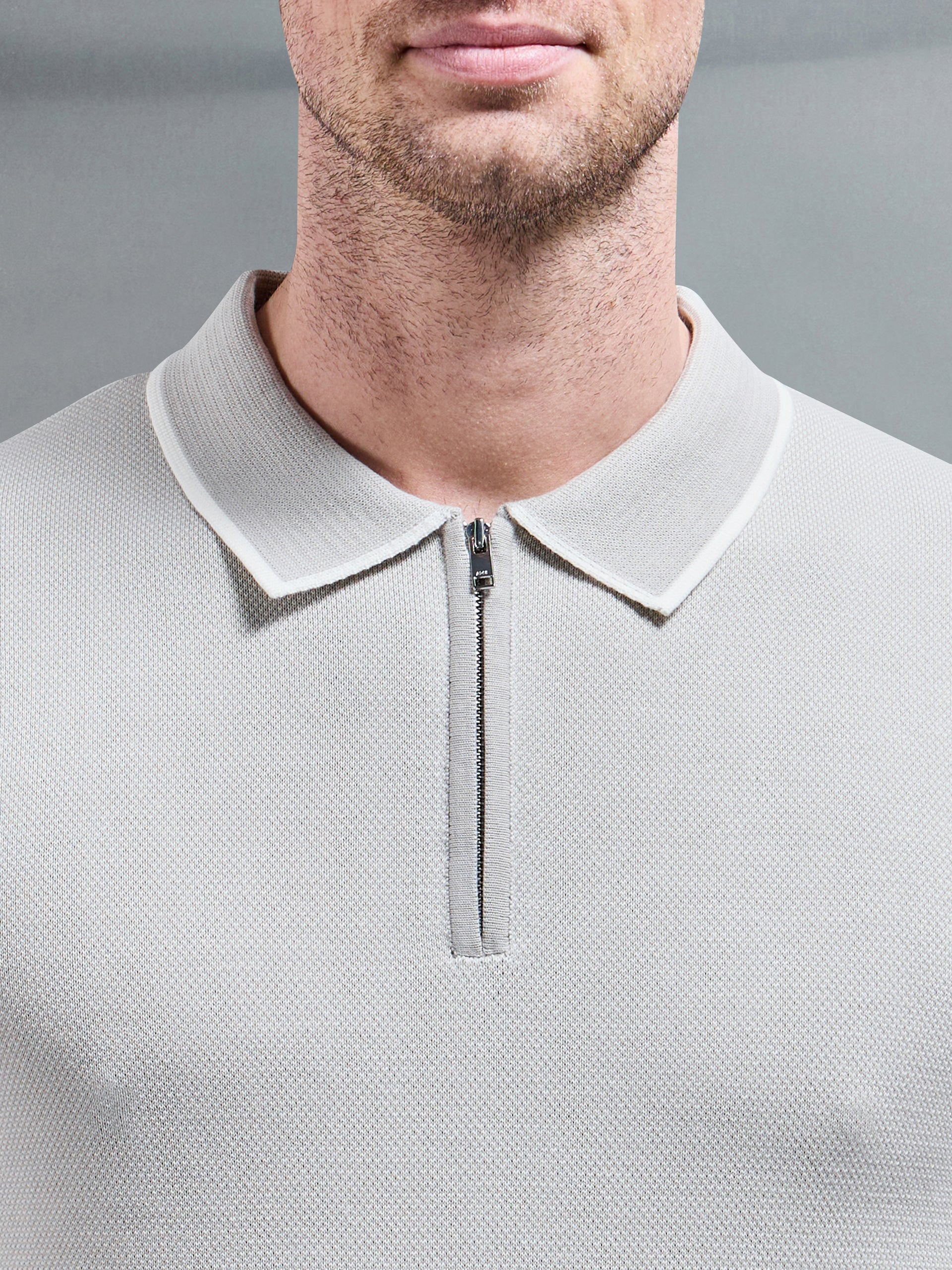 Capri Textured Knitted Zip Polo Shirt in Stone