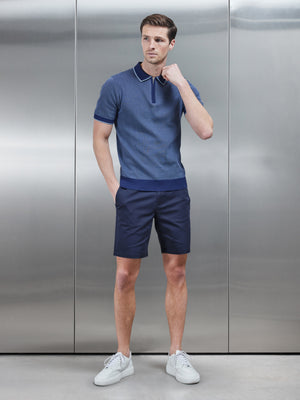 Capri Textured Knitted Zip Polo Shirt in Navy
