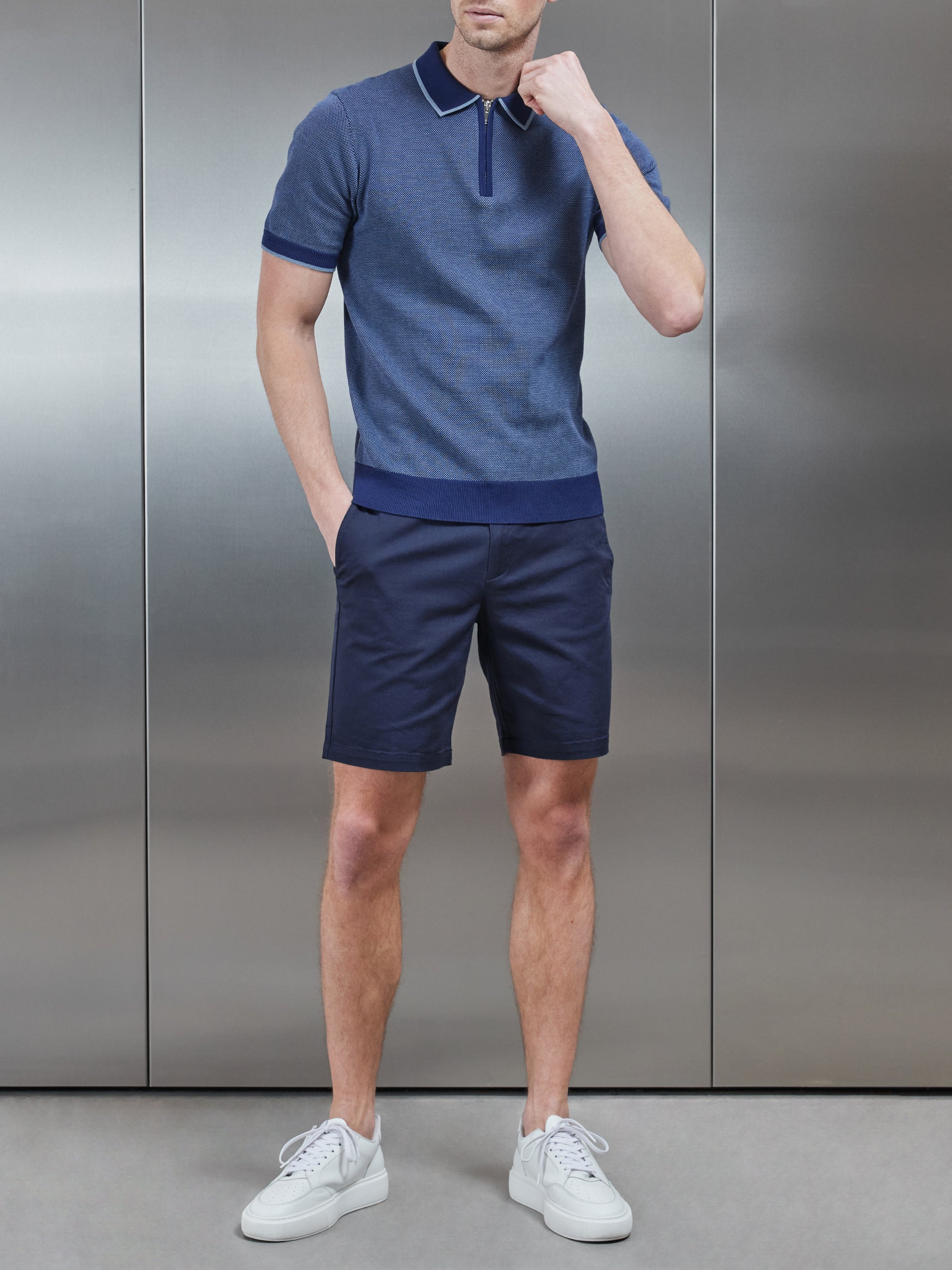Capri Textured Knitted Zip Polo Shirt in Navy
