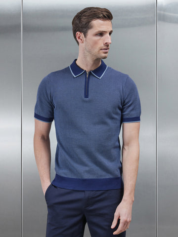 Capri Textured Knitted Zip Polo Shirt in Navy