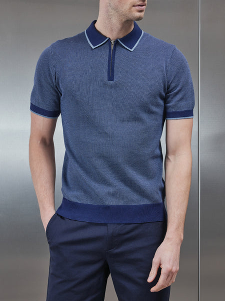 Capri Textured Knitted Zip Polo Shirt in Navy