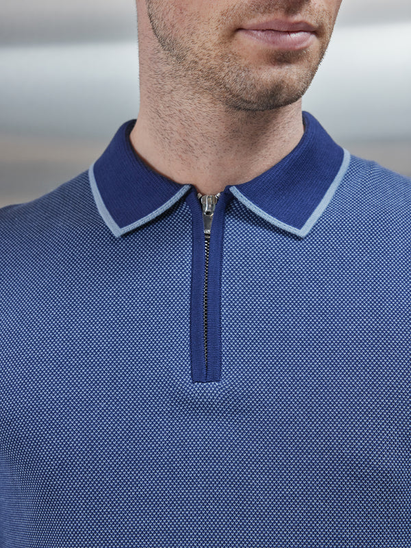 Capri Textured Knitted Zip Polo Shirt in Navy