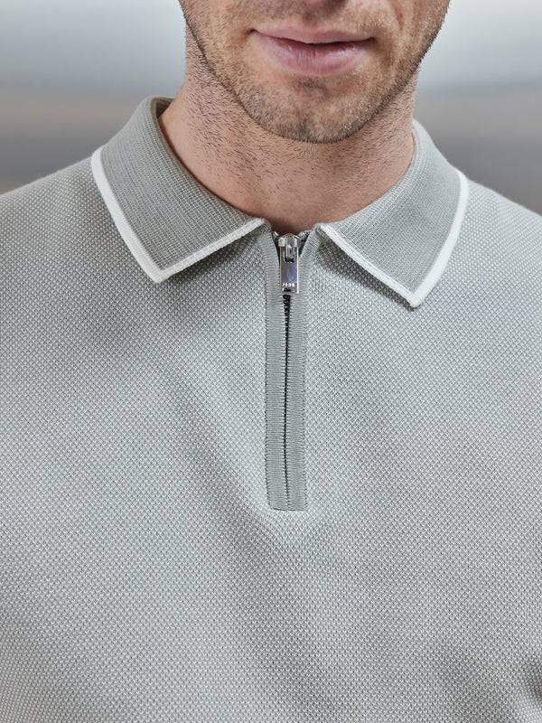 Capri Textured Knitted Zip Polo Shirt in Sage