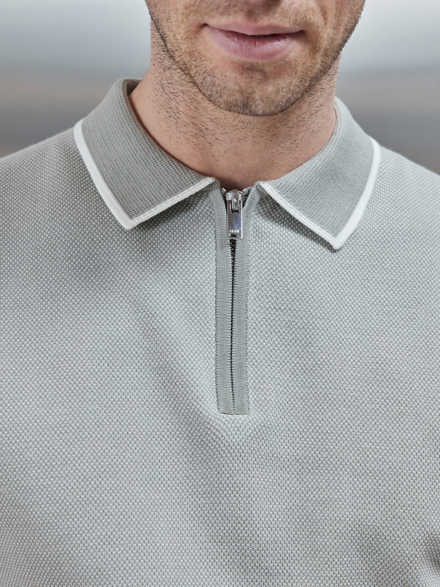 Capri Textured Knitted Zip Polo Shirt in Sage