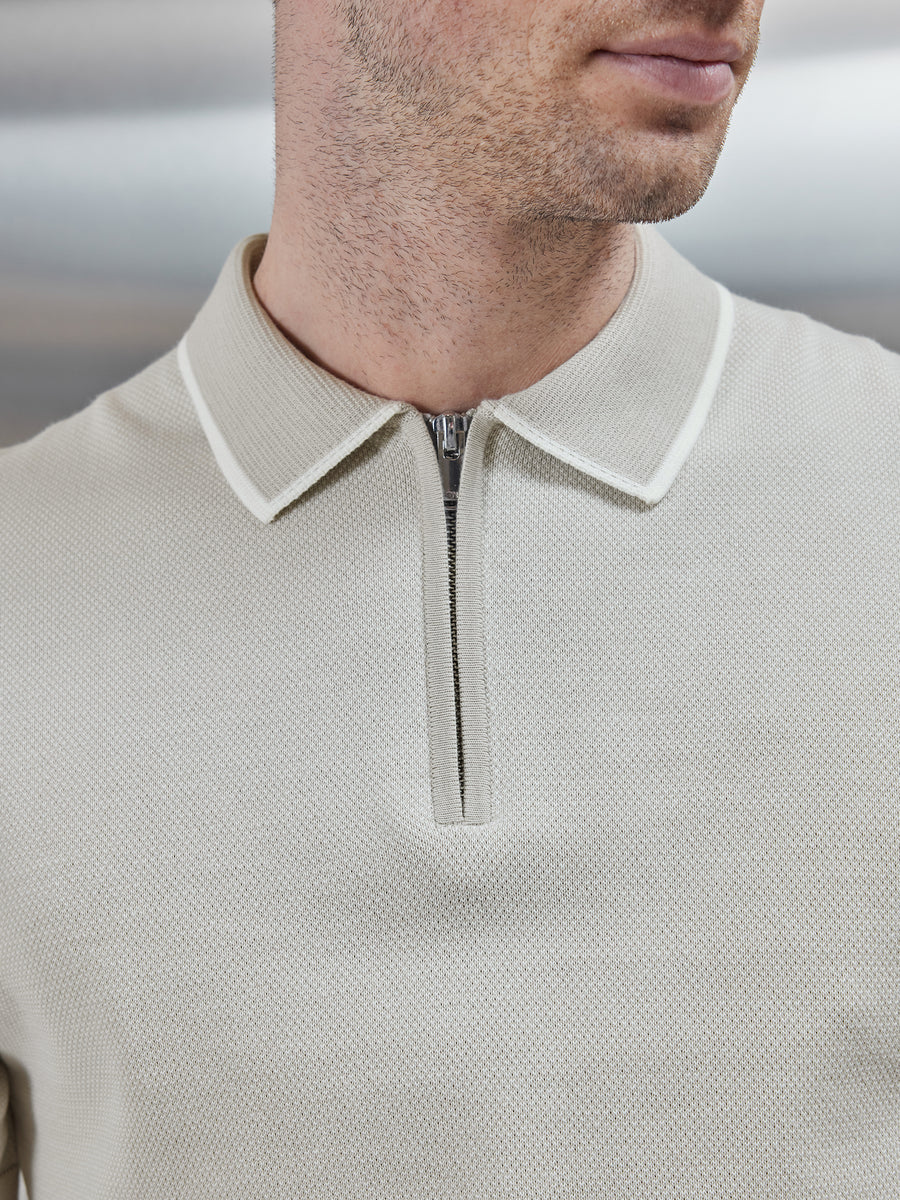 Capri Textured Knitted Zip Polo Shirt in Stone